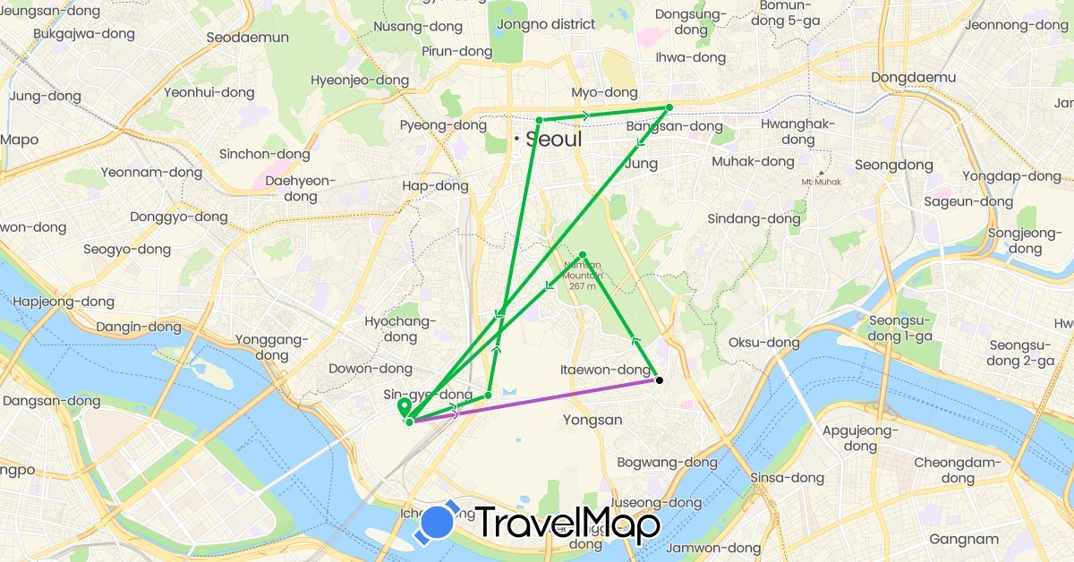 TravelMap itinerary: driving, bus, train, walking in South Korea (Asia)