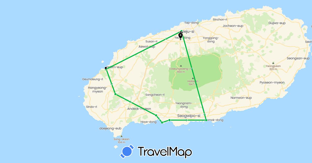 TravelMap itinerary: driving, bus, walking in South Korea (Asia)