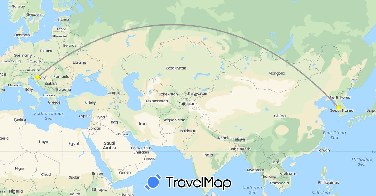 TravelMap itinerary: driving, plane in Croatia, South Korea (Asia, Europe)